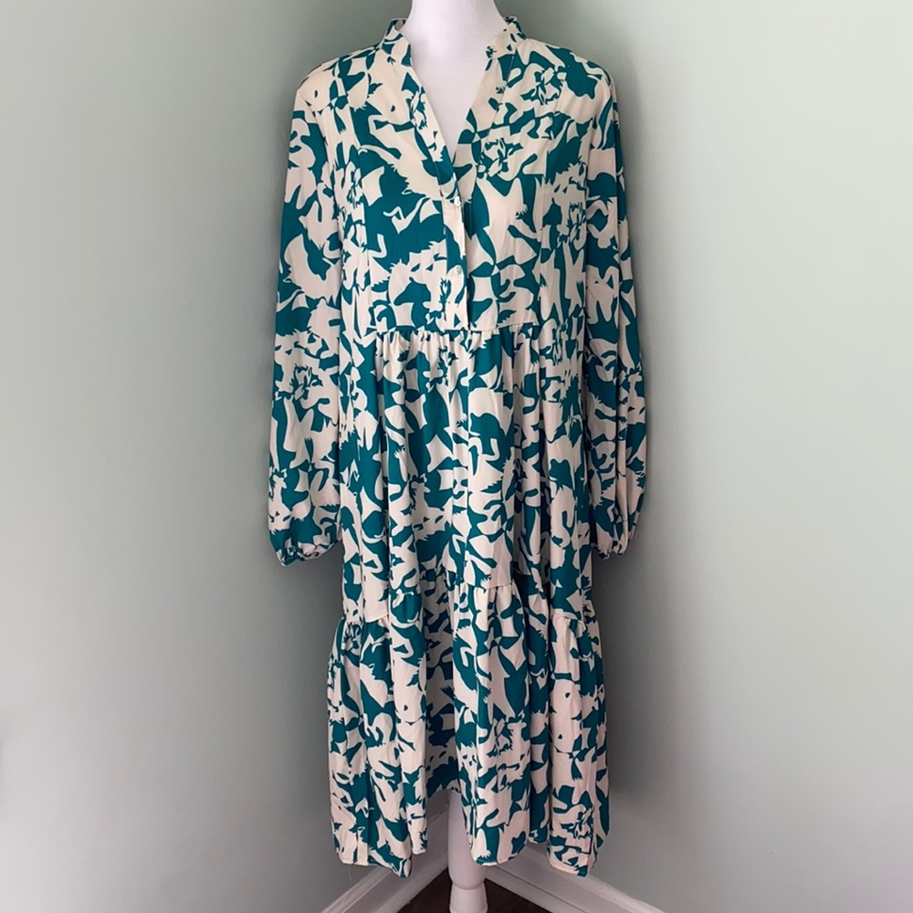 SUNDAYUP Teal Cream Patterned Tiered Midi Babydoll dress Long Sleeve
